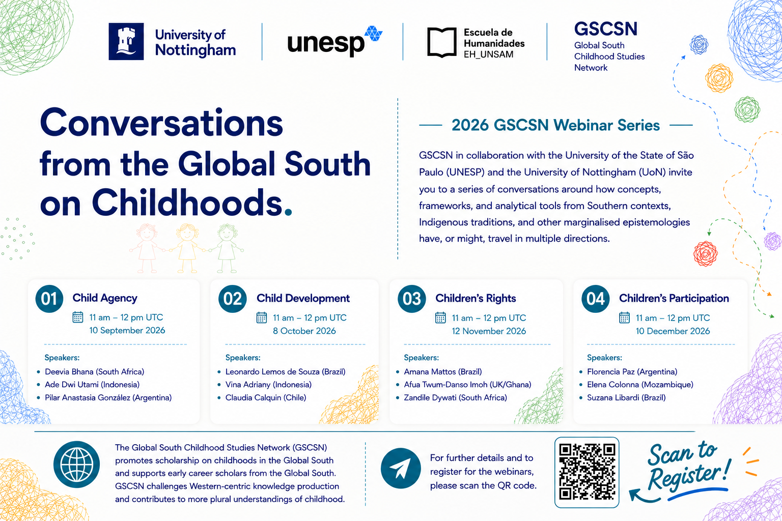 Poster for the 2026 GSCSN webinar series, Conversations from the Global South on Childhoods